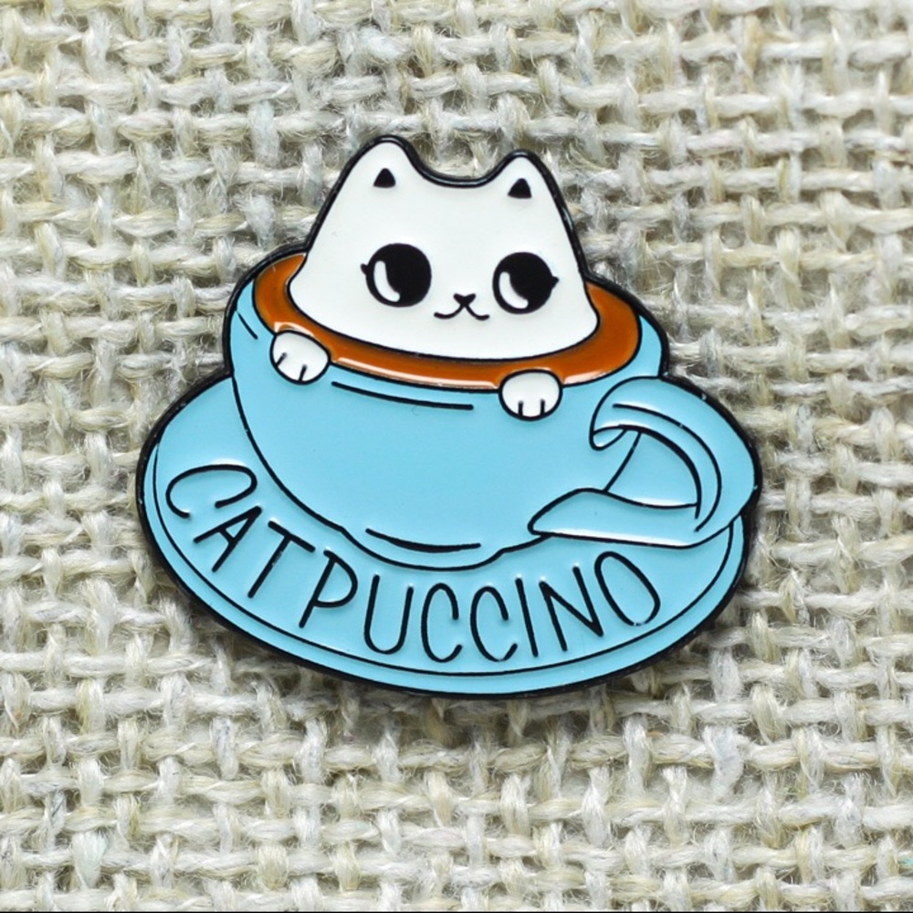 Coffee Themed Cup & Saucer with Cat Kitty “Catpuccino” Metal Enamel Pin Brooch